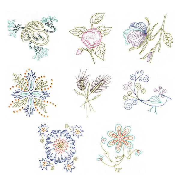 Eight additional Sue Hausmann embroidery samples, including floral motifs, wheat, a bird and a decorative number 25.