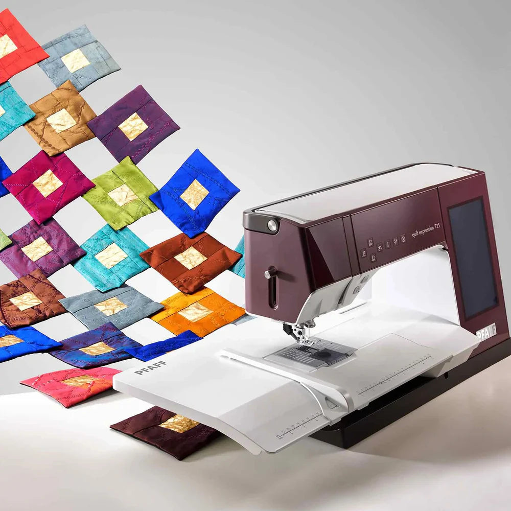 Sewing machine with colorful fabric samples on a white background