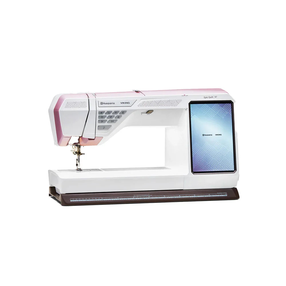 Husqvarna Viking EPIC QUILT 97 sewing machine front view with extra-large touch screen and extended quilting workspace