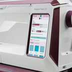 Husqvarna Viking Designer Topaz 65 touchscreen display showing JoyOS Advisor sewing and fabric settings