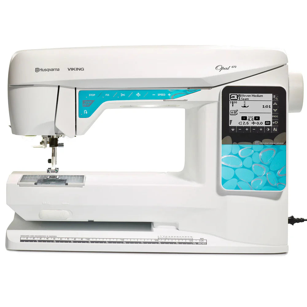 Husqvarna Viking Opal 670 computerized sewing machine front view with touch screen display and long arm sewing area