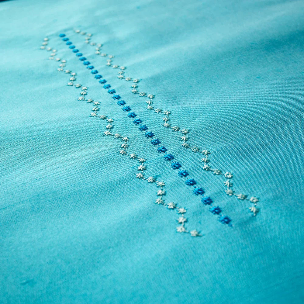 Precision decorative stitching created with the Husqvarna Viking Opal 670 computerized sewing machine on teal fabric