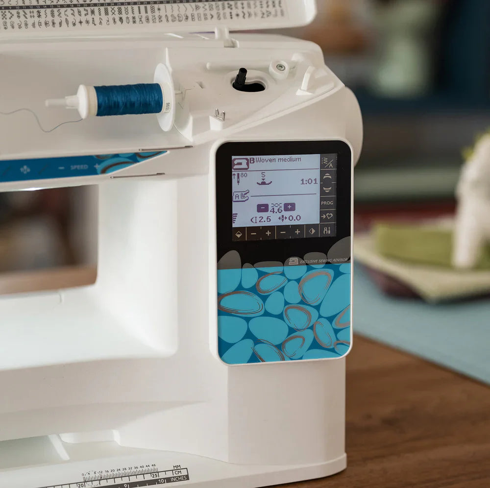 Husqvarna Viking Opal 670 touch screen display showing stitch settings and sewing advisor interface