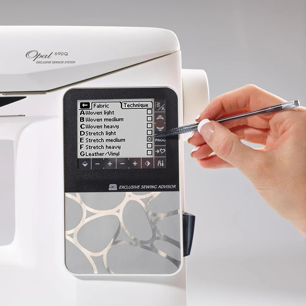 Close-up of Husqvarna Viking Opal 690Q touchscreen showing Exclusive Sewing Advisor fabric and technique settings