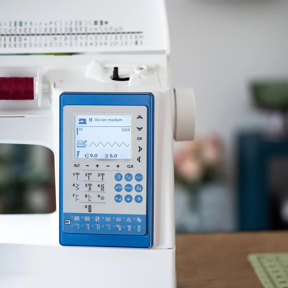 Husqvarna Viking Sapphire 930 sewing machine LCD screen showing stitch selection, tension settings, and Sewing Advisor interface
