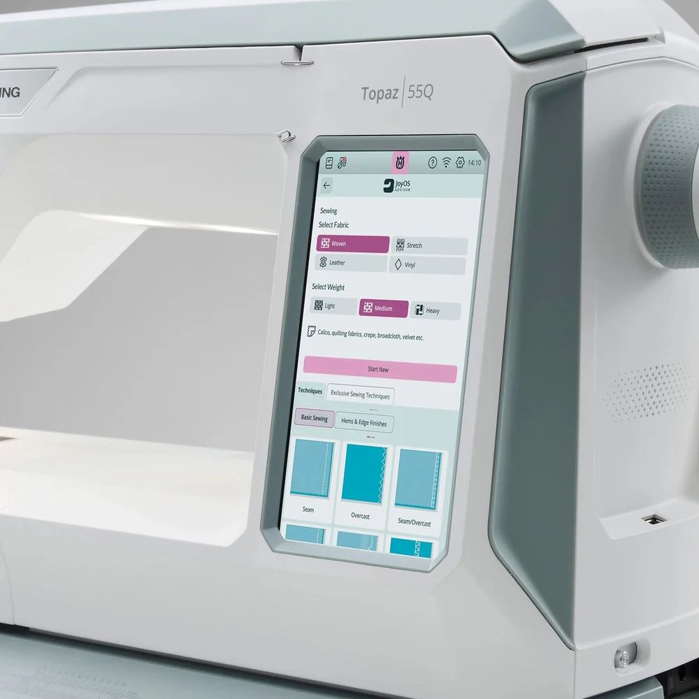 Close-up of Husqvarna Viking Topaz 55Q color touchscreen with JoyOS Advisor sewing settings and stitch selection