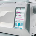 Close-up of Husqvarna Viking Topaz 55Q color touchscreen with JoyOS Advisor sewing settings and stitch selection