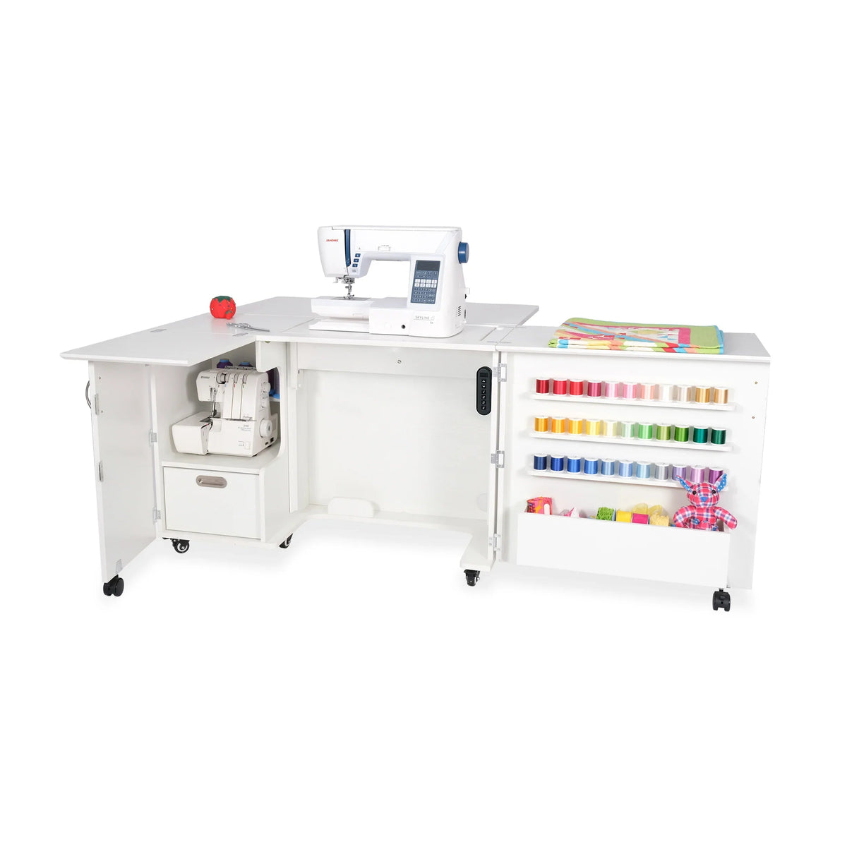 Kangaroo Wallaby sewing cabinet in Ash White with programmable dual-rail electric lift and expanded work surface