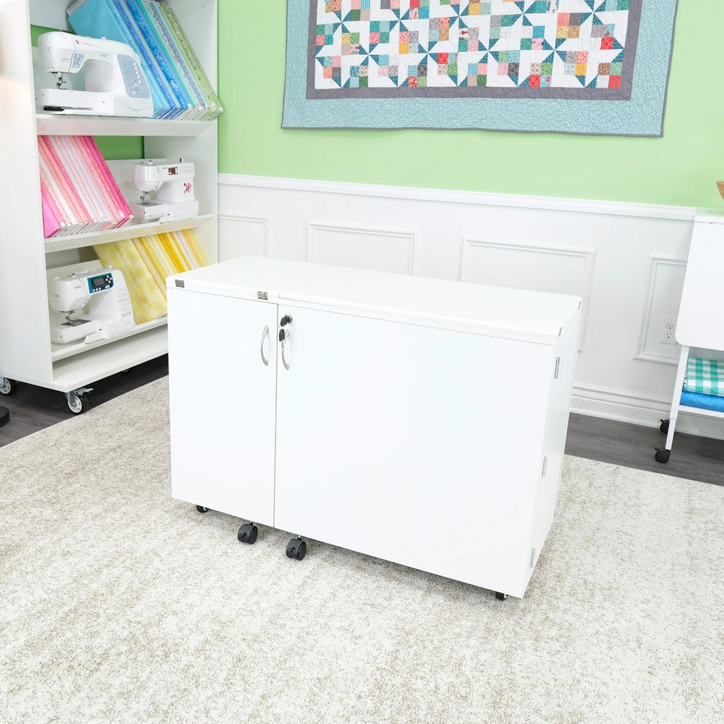 Ash White Kangaroo Wallaby hydraulic sewing cabinet folded closed on locking casters