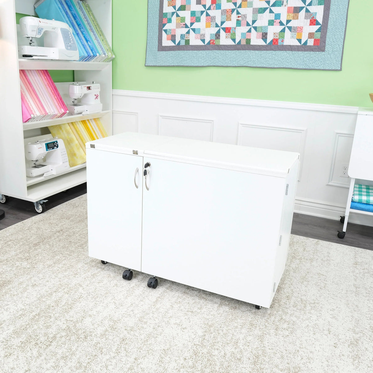 Ash White Kangaroo Wallaby hydraulic sewing cabinet folded closed on locking casters