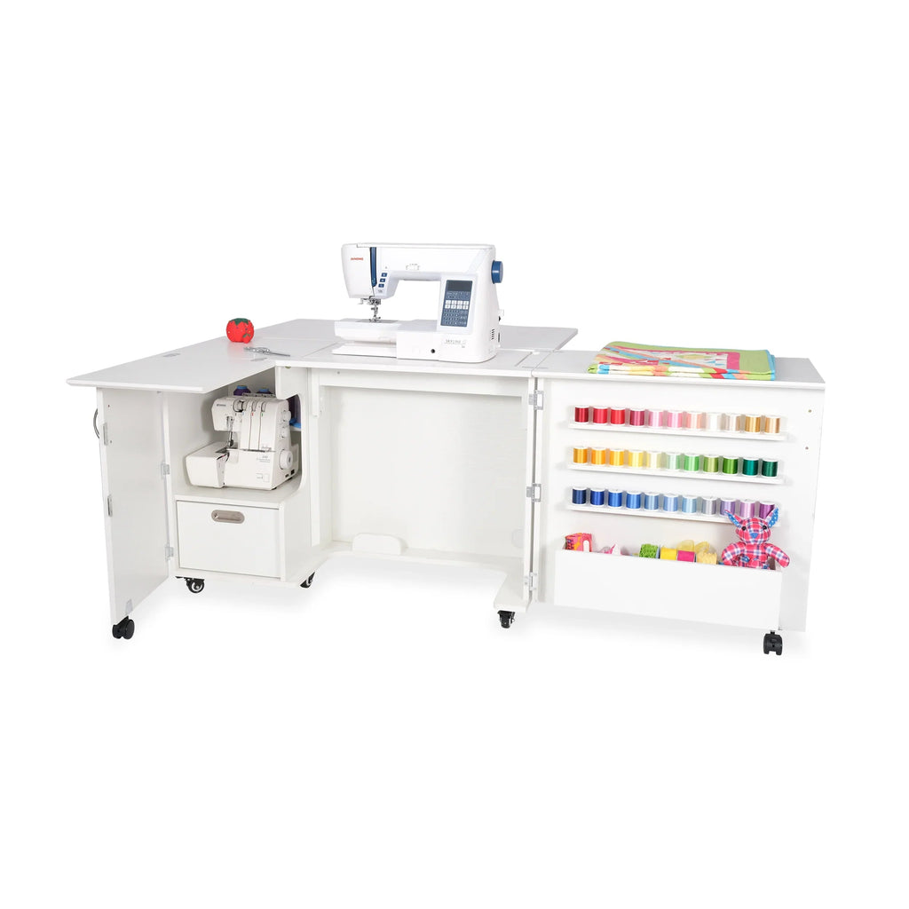 Kangaroo Wallaby sewing cabinet in Ash White with hydraulic lift, sewing machine, serger storage and thread racks