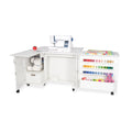 Kangaroo Wallaby sewing cabinet in Ash White with hydraulic lift, sewing machine, serger storage and thread racks