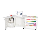 Kangaroo Wallaby sewing cabinet in Ash White with hydraulic lift, sewing machine, serger storage and thread racks