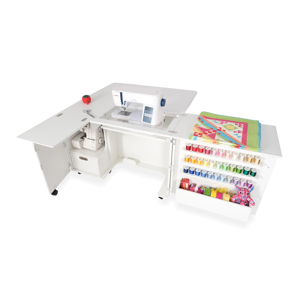 Overhead view of the Ash White Kangaroo Wallaby cabinet with hydraulic lift and expanded quilting surface