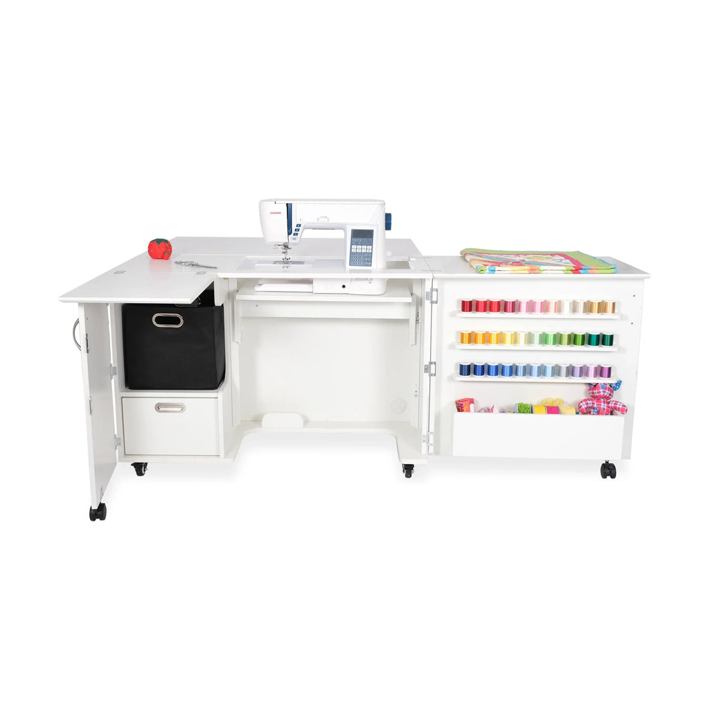 Ash White Kangaroo Wallaby hydraulic sewing cabinet showing serger storage, drawer and extended work surface