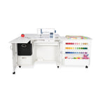 Ash White Kangaroo Wallaby hydraulic sewing cabinet showing serger storage, drawer and extended work surface