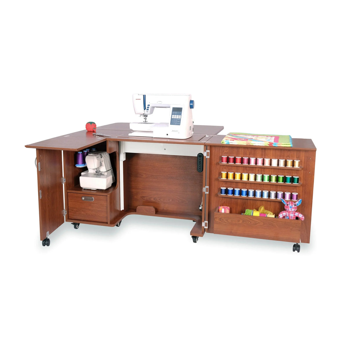 Kangaroo Wallaby sewing cabinet in Teak with programmable dual-rail electric lift and expanded work surface
