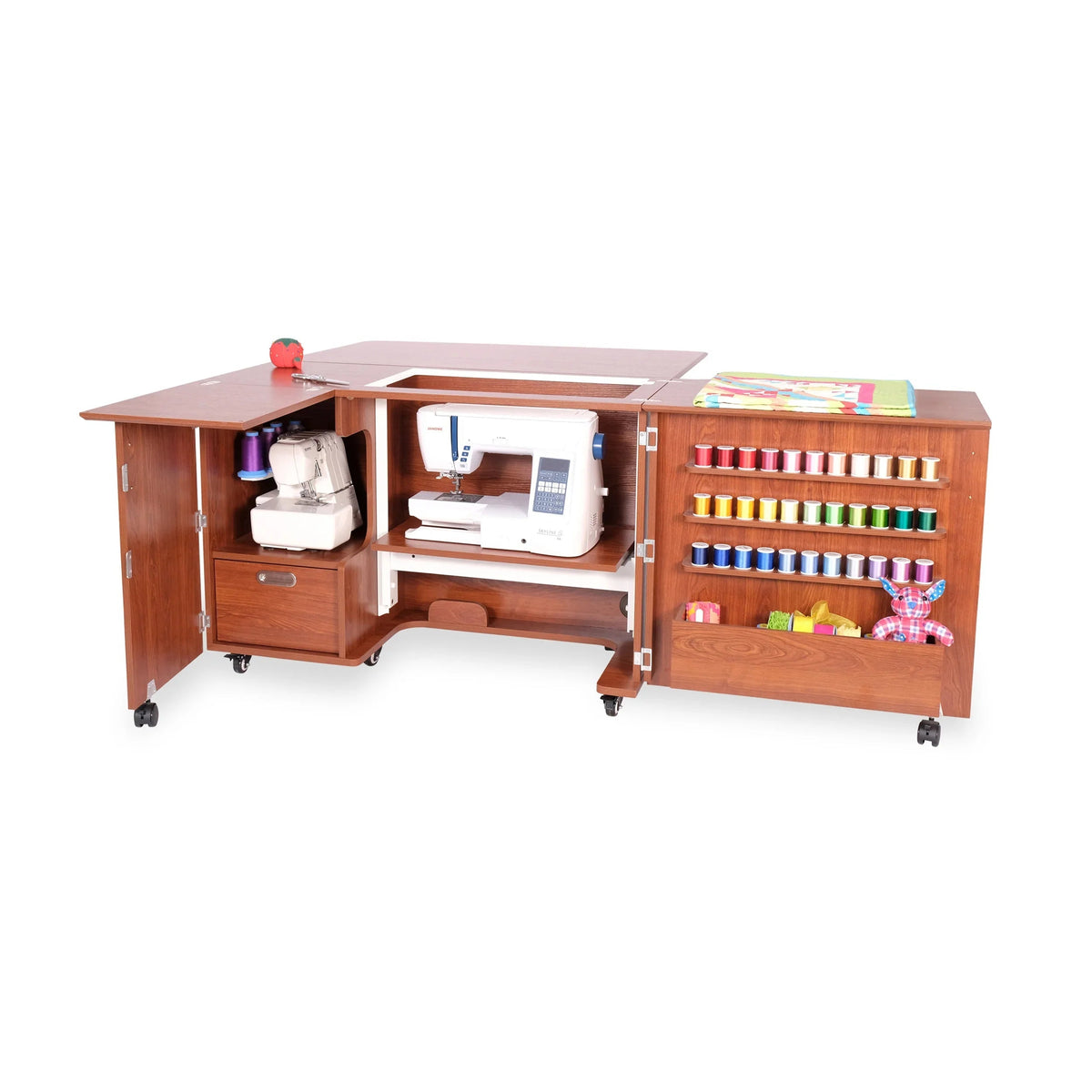 Kangaroo Wallaby sewing cabinet in Teak with hydraulic lift, sewing machine, serger storage and thread racks