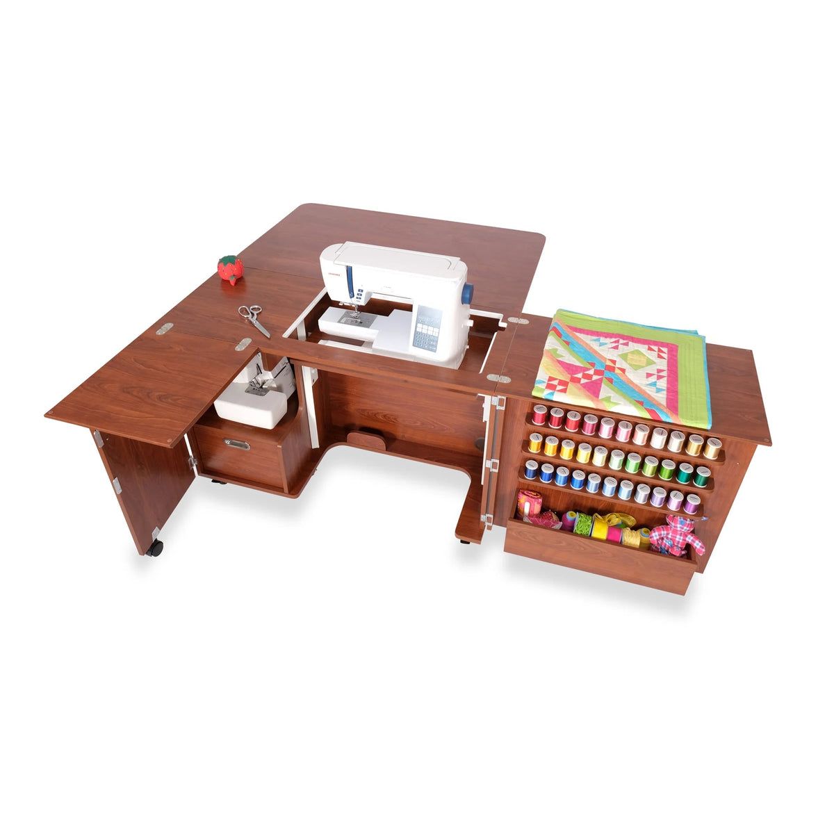 Overhead view of the Teak Kangaroo Wallaby cabinet with hydraulic lift and expanded quilting surface