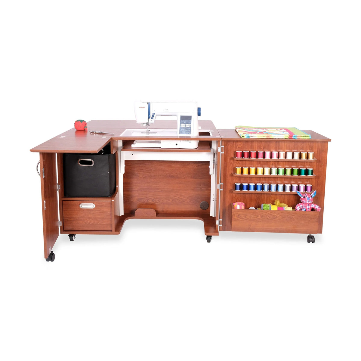 Teak Kangaroo Wallaby hydraulic sewing cabinet showing serger storage, drawer and extended work surface